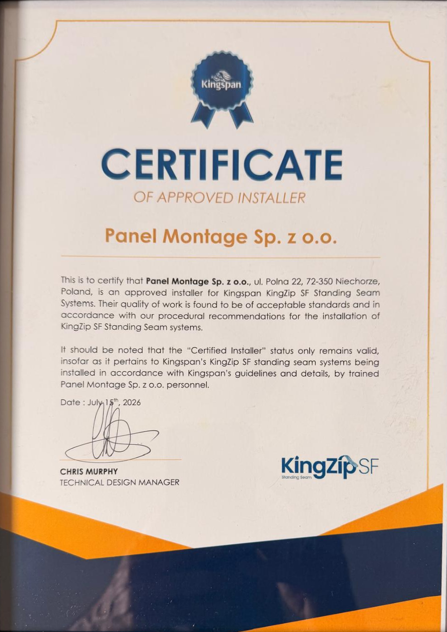 Approved Installer-certificaat voor Kingspan KingZip SF van Panel Montage, 15 juli 2026
